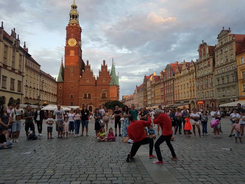 Busking in the street in Wrocław Main Square