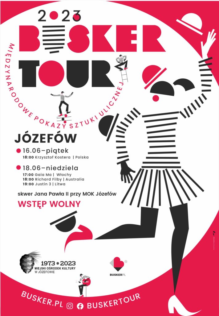 Ilustrowany plakat promujący festiwal Busker Tour 2023 w Józefowie