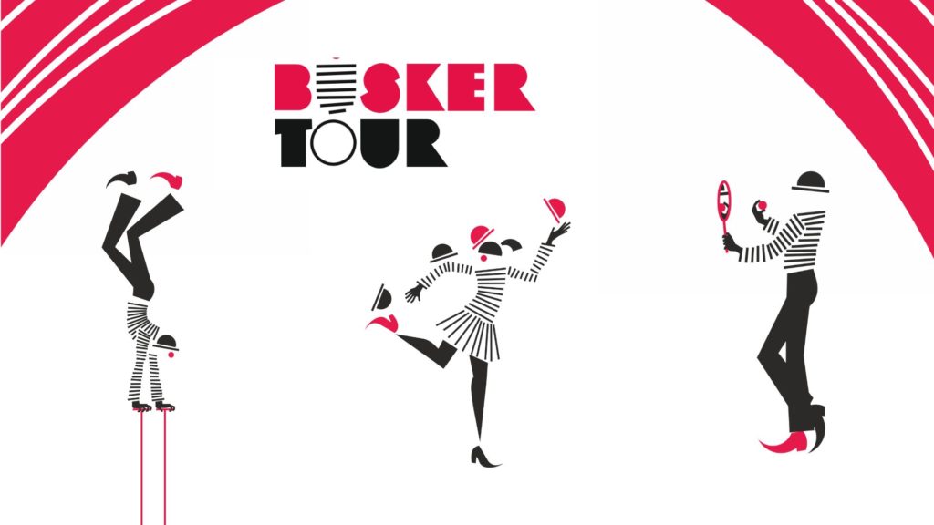 grafika promocyjna festiwal Busker Tour zawierająca logo oraz ilustrowane postacie przedstawiające artystów cyrkowych