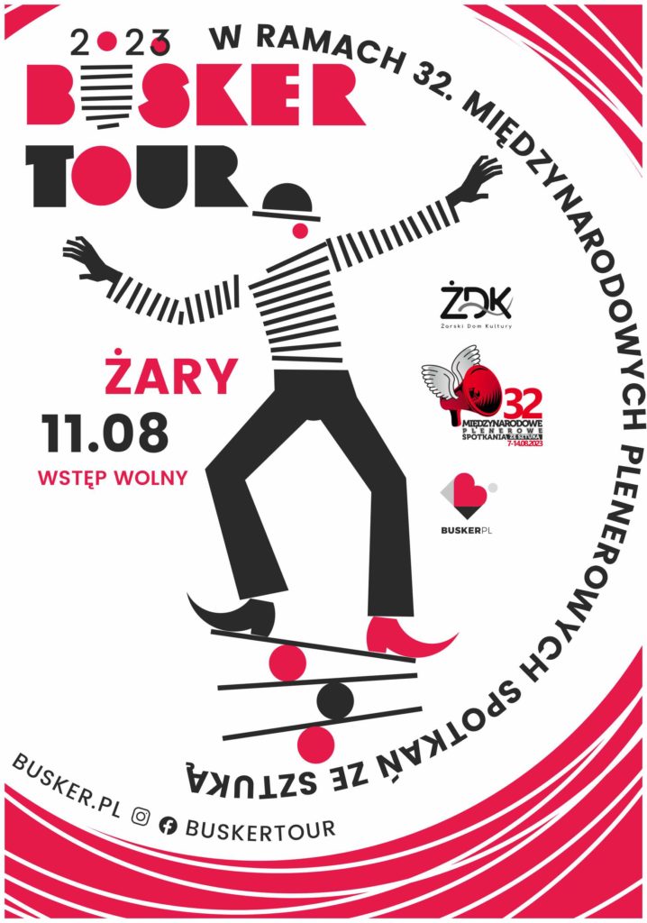 Ilustrowany plakat Festiwalu Busker Tour 2023 w Żarach w kolorach malinowych i czarnych. Na środku postać artysty cyrkowego balansującego na równoważni