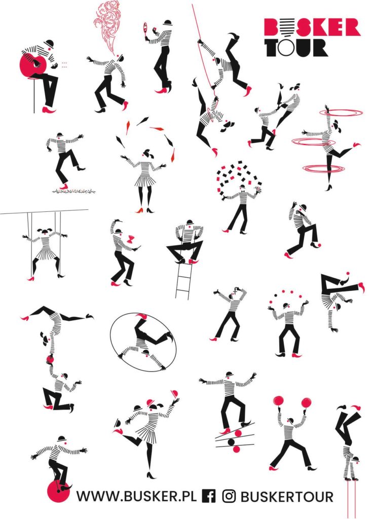 Identyfikacja graficzna festiwalu artystów ulicznych Busker Tour to ilustrowane postacie reprezentujące różne rodzaje sztuki ulicznej: akrobatów, muzyków, żonglerów i innych