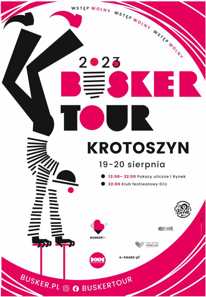 An illustrated poster of Busker Tour with a circus character doing a handstunt