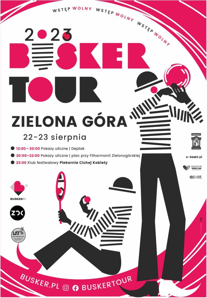 Plakat Festiwalu Busker Tour 2023 w Zielonej Górze z ilustrowanymi postaciami klauna i artysty cyrkowego z kulą