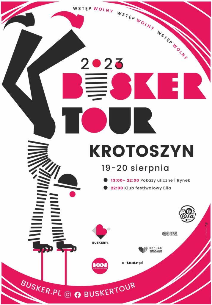 Ilustrowany plakat festiwalu Busker Tour w Krotoszynie z postacią akrobaty.