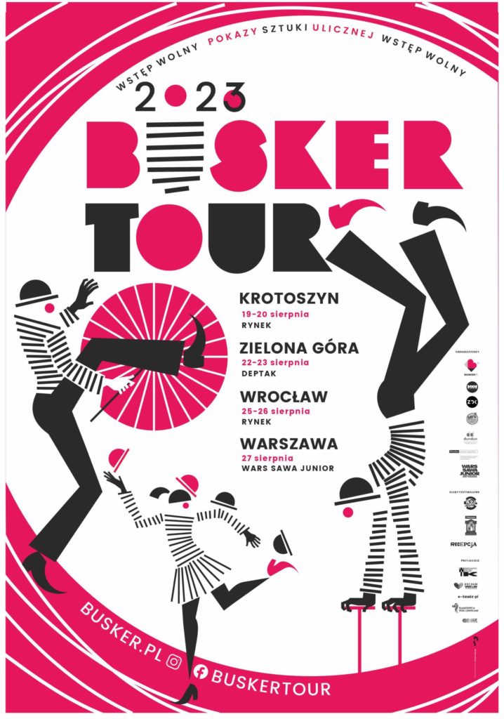 Illustrated poster of Busker Tour 2023 with circus character