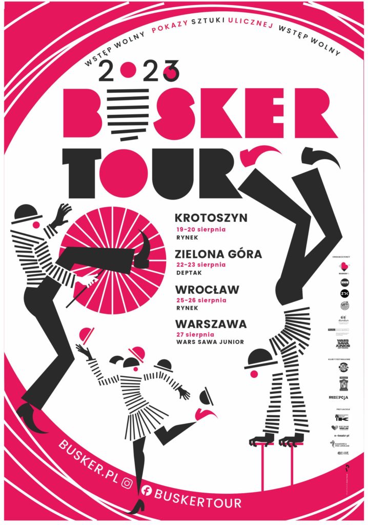Ilustrowany plakat festiwalu ulicznego Busker Tour 2023