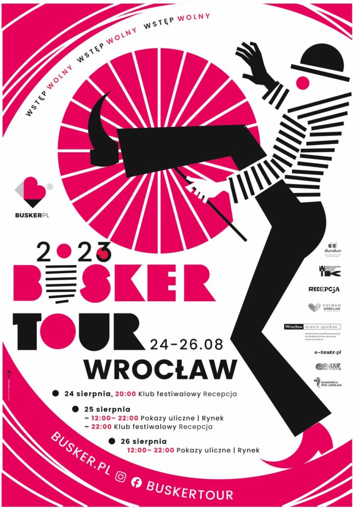 Poster promoting the Busker Tour in Wroclaw with an illustrated character with a pink umbrella.