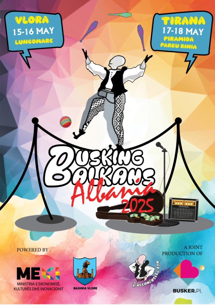 Plakat festiwalu sztuki ulicznej Busking Balkans Albania 2025