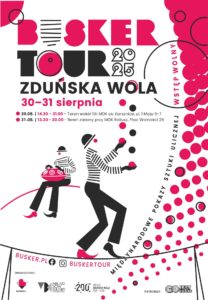 Busker Tour 2025 in Zduńska Wola. In the illustrated poster two characters representing a handpan player and a juggler.