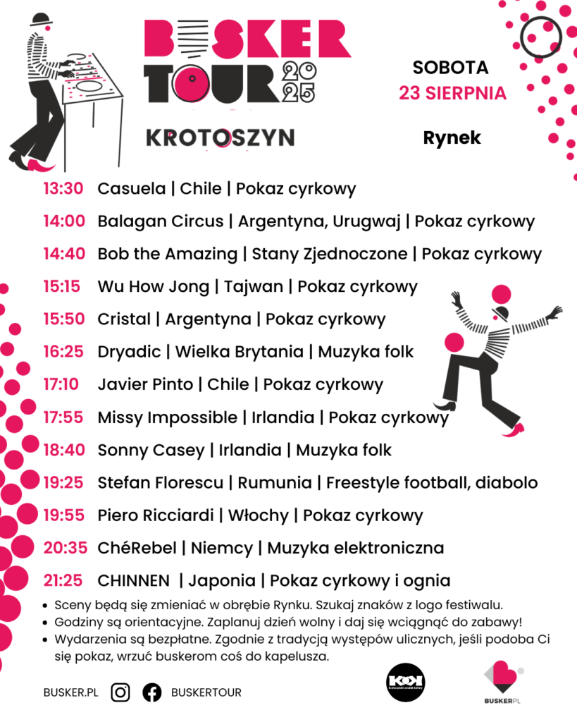 Harmonogram występów artystów ulicznych Busker Tour 2025 w Krotoszynie - sobota