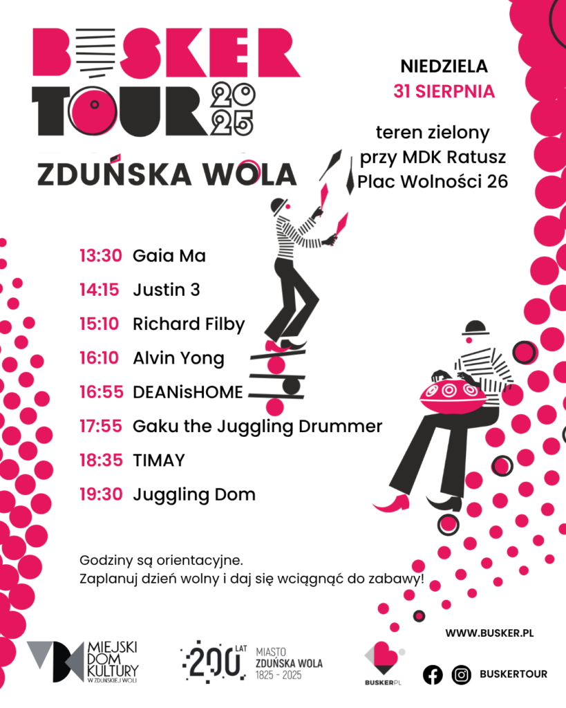 Godziny występów artystów ulicznych na festiwalu Busker Tour 2025 w Zduńskiej Woli
