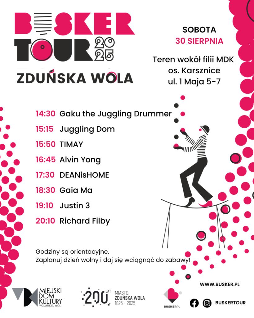 Harmonogram pokazów ulicznych na festiwalu Busker Tour 2025 w Zduńskiej Woli 
