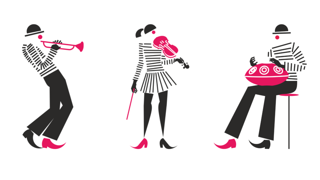 Illustrated characters of Busker Tour representing street musicians