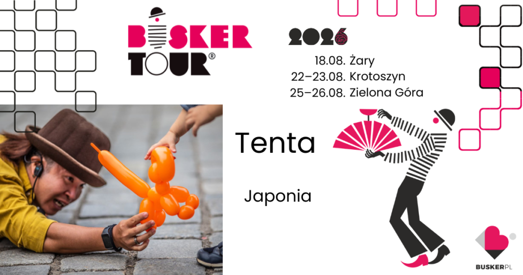 Artysta uliczny festiwalu Busker Tour 2026 iluzjonista Tenta trzyma w ręce balona. Obok ilustrowana postać z wachlarzem
