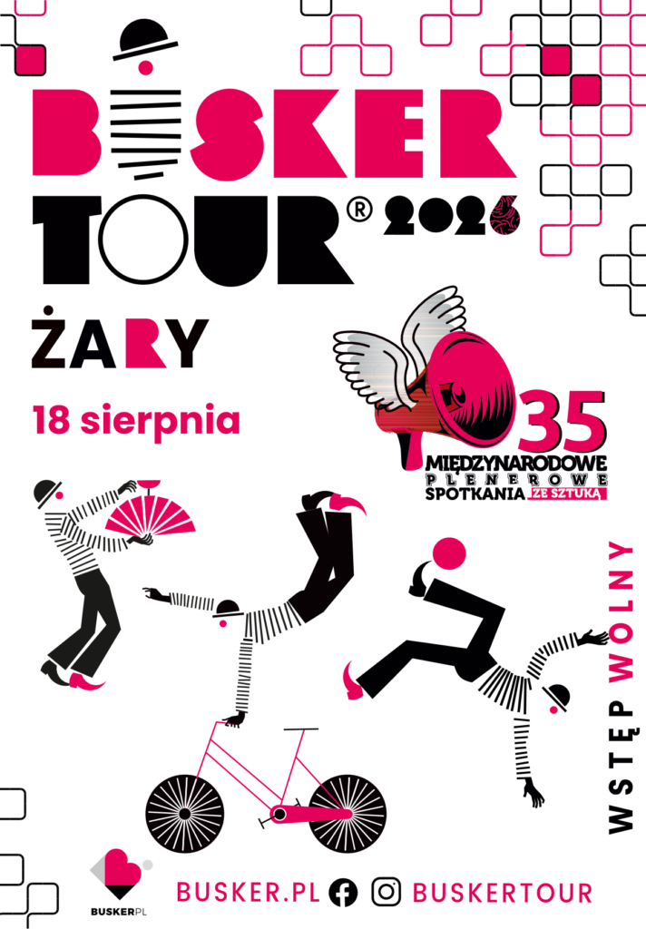 Ilustrowany plakat Busker Tour 2026 w ramach 35. Międzynarodowych Plenerowych Spotkań ze Sztuką. Trzy ilustrowane postacie artystów ulicznych z wachlarzem, rowerem i piłką.