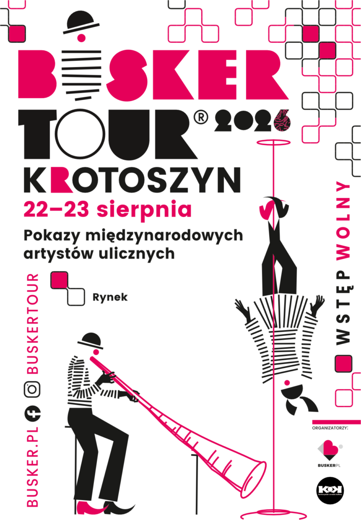 Ilustrowany plakat festiwalu Busker Tour 2026 przedstawiający postacie artytów ulicznych muzyka oraz akrobatkę na maszcie
